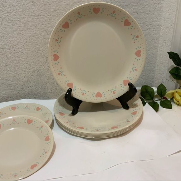 Vintage Corelle Corning 6 dinner plates forever yours & 6 bread heart plates A11